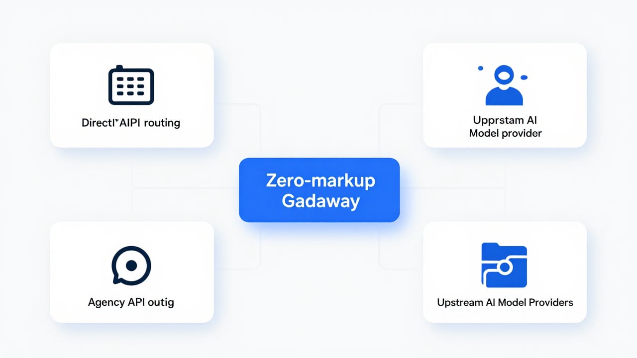 Diagram illustrating direct API routing between an agency client application, a zero-markup gateway, and upstream AI model providers.