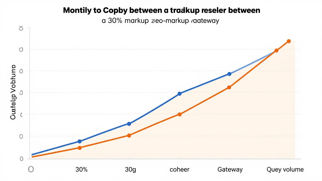 Comparison chart displaying monthly token cost curves between a 30% markup reseller model and a zero-markup gateway as query volume scales.