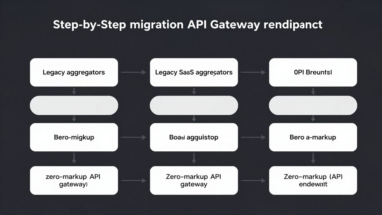 Step-by-step migration roadmap showing the transition from legacy SaaS aggregators to a zero-markup API gateway endpoint.