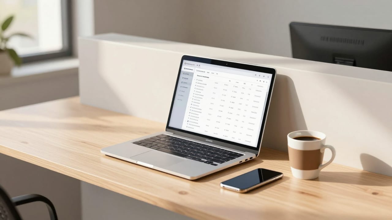 A modern small business office with an organized reception desk, a laptop showing customer schedules, and a smartphone resting beside a coffee cup in warm morning sunlight.
