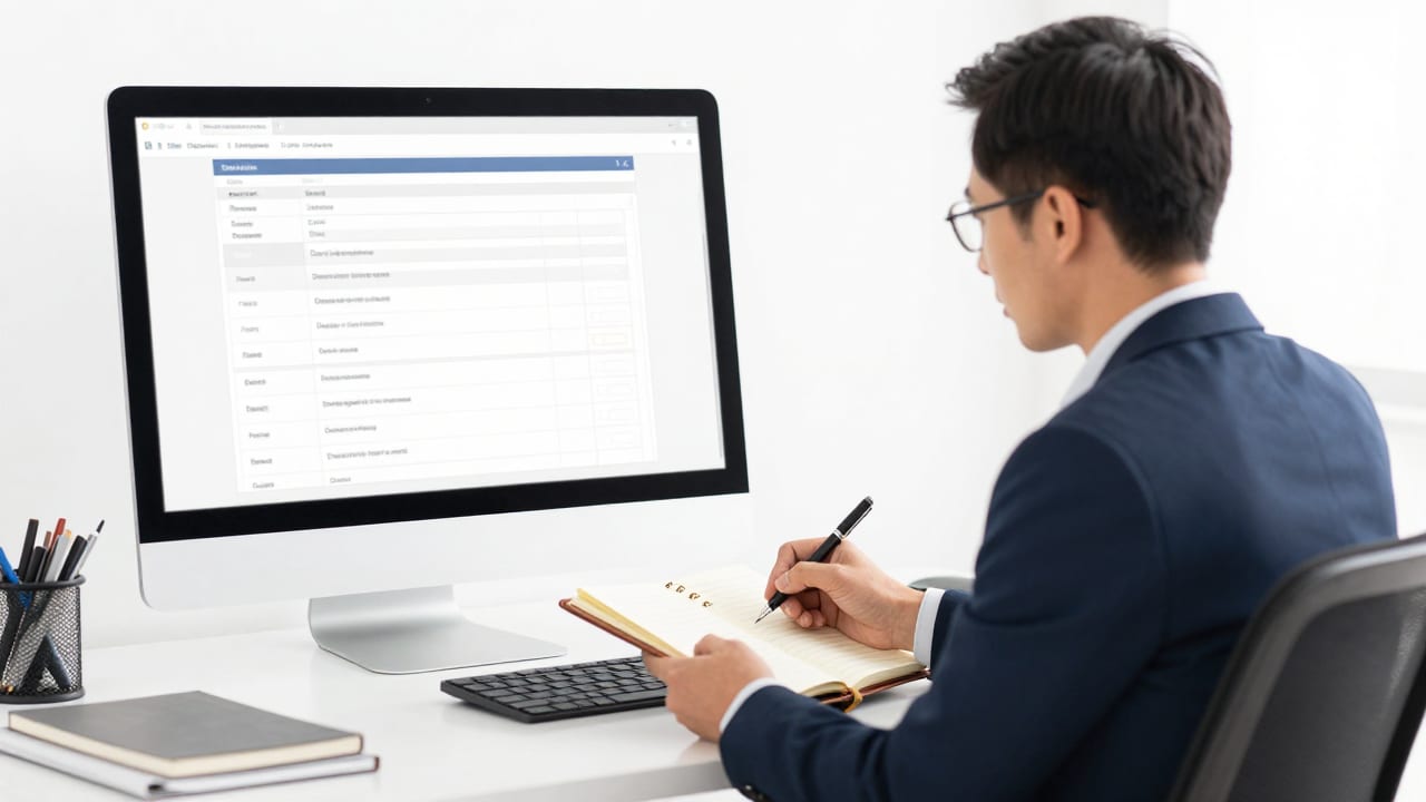 A professional consultant seated at a desk reviewing client workflows on a slim monitor while taking notes in a leather notebook.