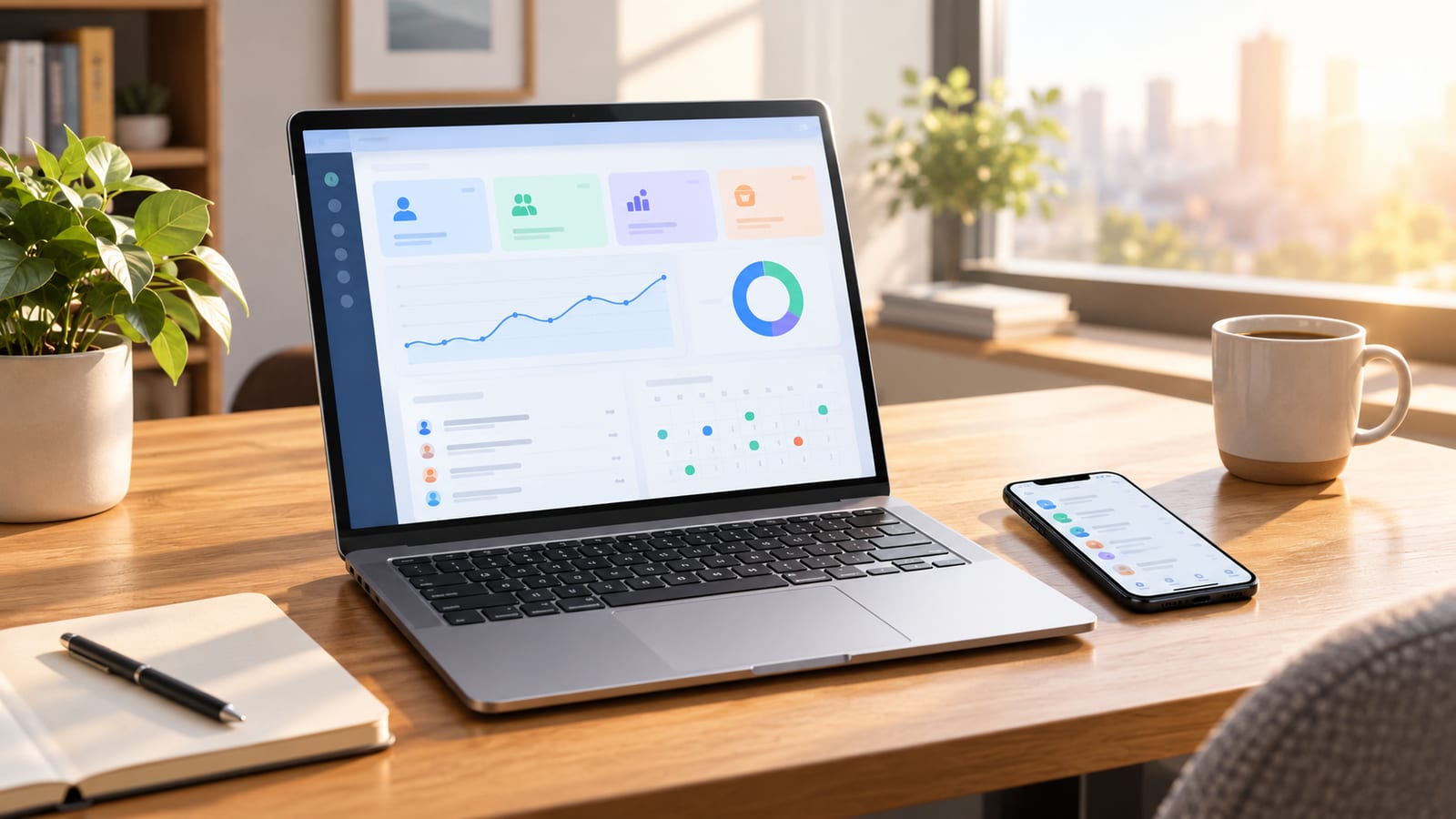 A modern, minimalist home office desk with a laptop showing a clean CRM dashboard and a smartphone, bathed in soft morning light to suggest a productive, organized start to the day.