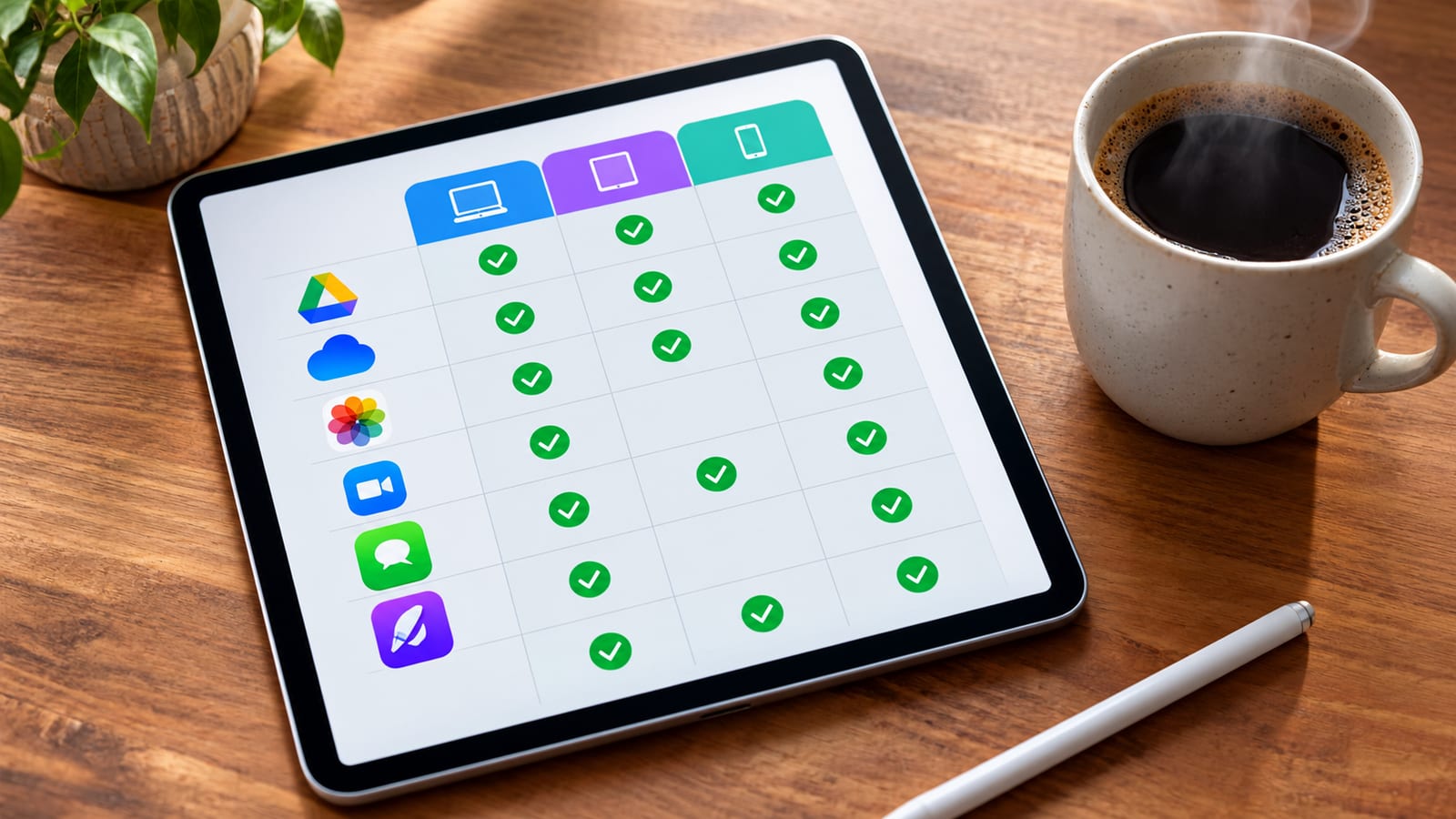 A close-up of a high-end tablet showing a comparison list of software logos with green checkmarks, placed on a clean wooden table next to a steaming cup of coffee.