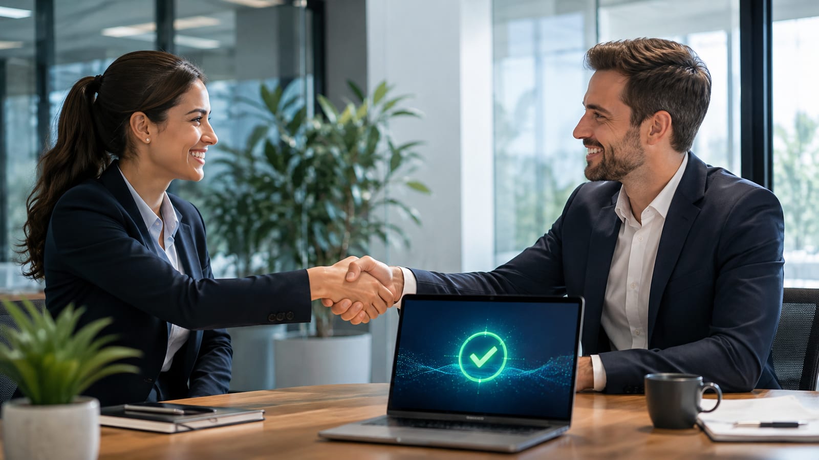 Two professionals in a bright, modern office shaking hands across a conference table, with a laptop open nearby showing a successful "Sync Complete" notification.