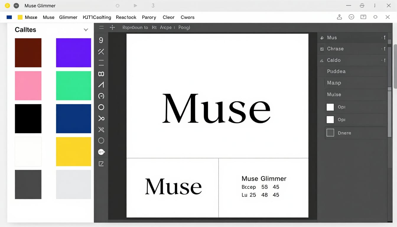 Step-by-step interface showing brand kit setup including color palettes, font pairings, and logo placements inside Muse Glimmer
