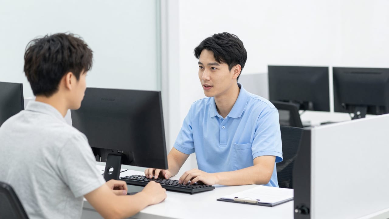 An automotive service advisor speaking with a customer at a clean service desk while a computer workstation operates seamlessly in the background.