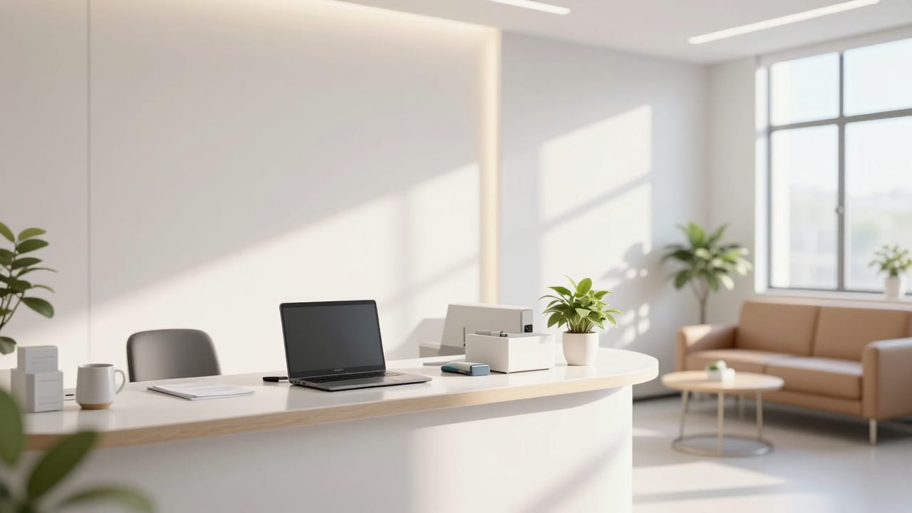 A modern dental clinic reception area with morning light illuminating an organized desk, laptop, and comfortable waiting room seating.