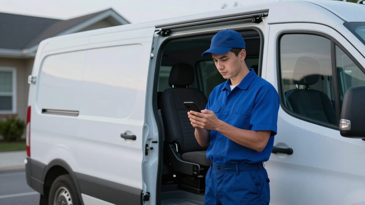 An HVAC technician in a clean uniform stepping out of a service van at dusk, checking notifications on a smartphone outside a suburban home.