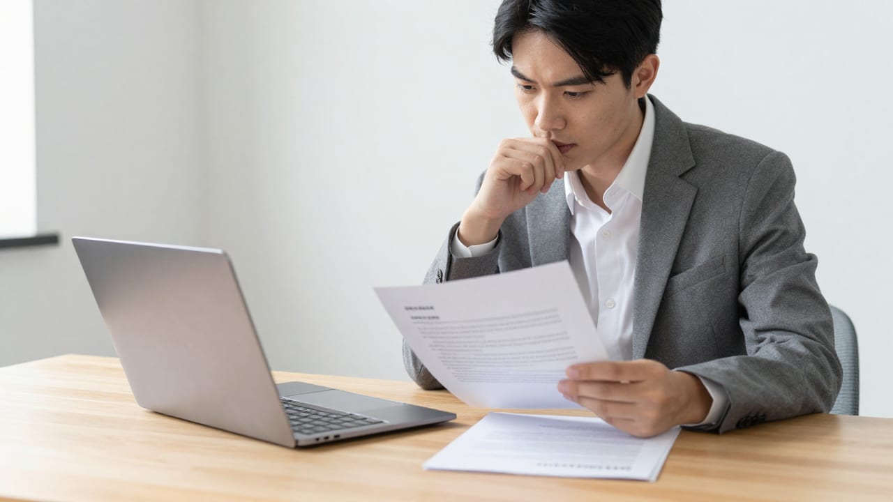 A focused small business owner sitting at a clean wooden desk with an open laptop, thoughtfully reviewing printed client contract pages in a bright, modern studio office.