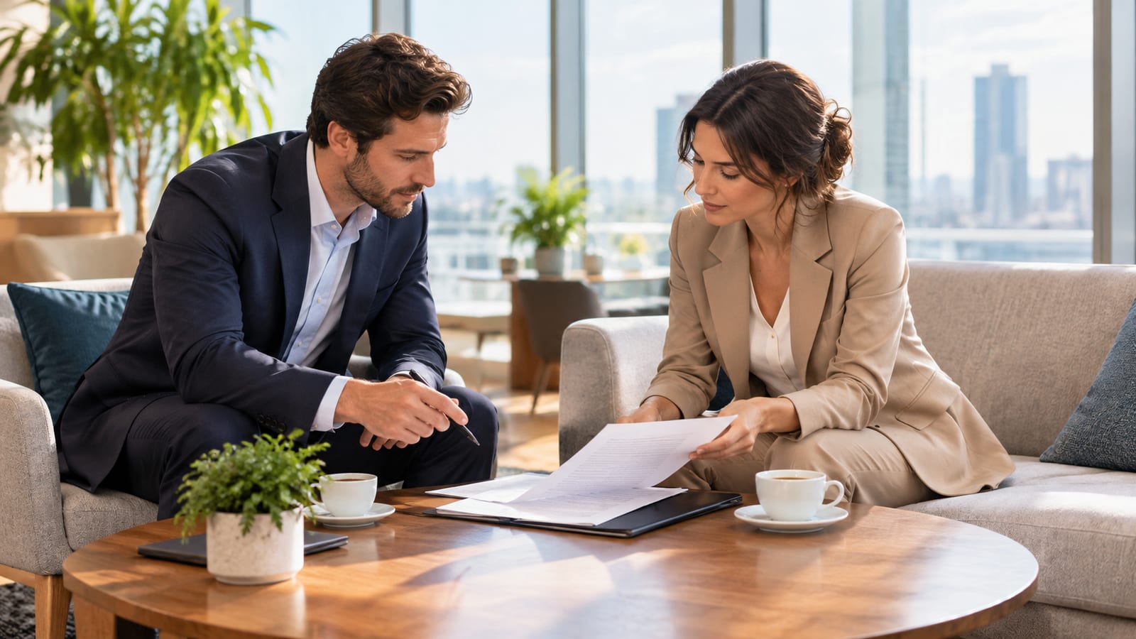 Two business professionals in casual suits seated across a low wooden table in an airy conference space, reviewing contract details together over coffee.