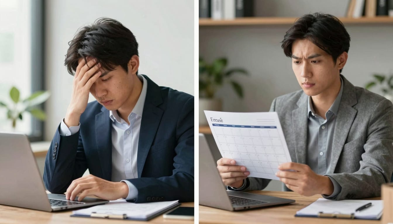 A split screen showing a stressed business owner manually typing emails vs. a calm owner looking at a full calendar.