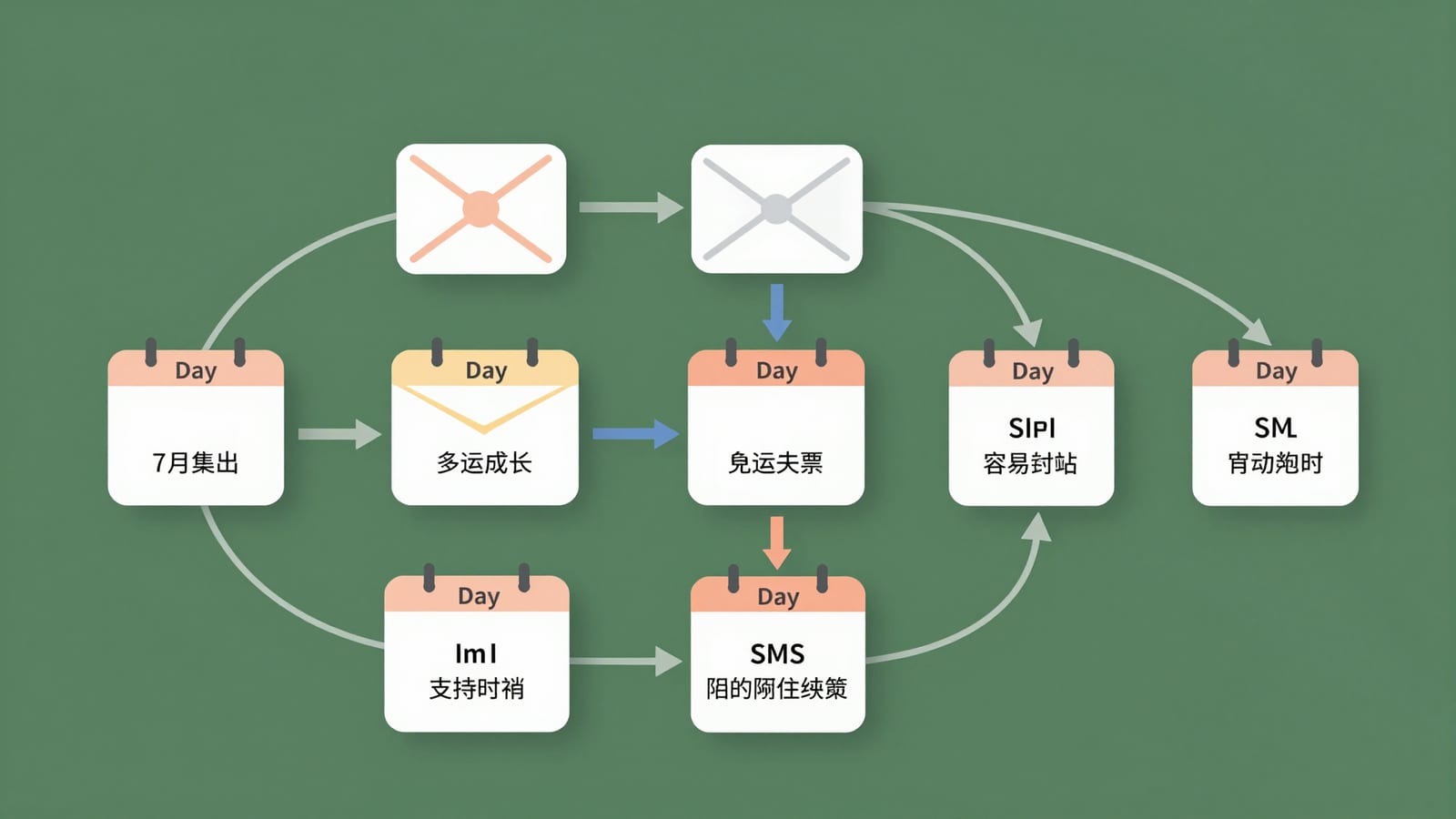 A flowchart showing a 7-day automated email and SMS sequence leading to a booked calendar appointment.