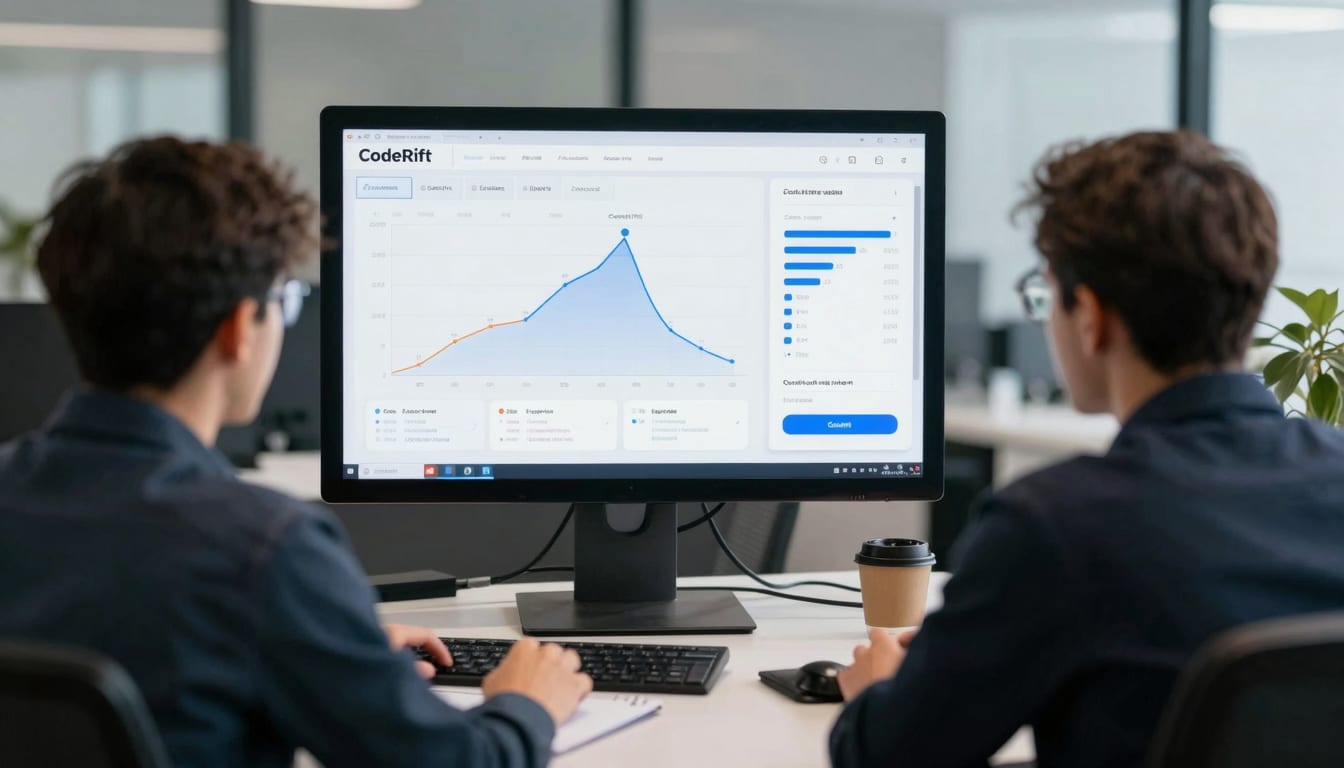 The CodeRift team looking at a dashboard showing increased sales metrics and booked calls.